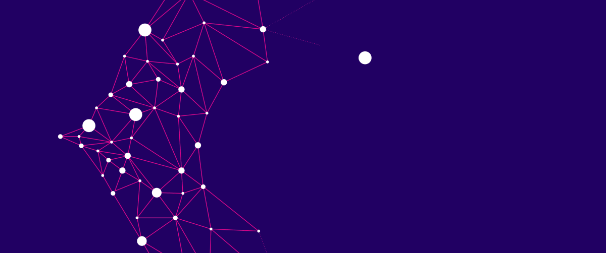 A graphic element with a purple background and pink lines with white dots representing a network.