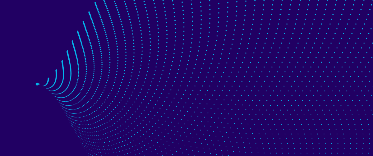 A graphic element with a purple background and dotted blue lines in a wave pattern.