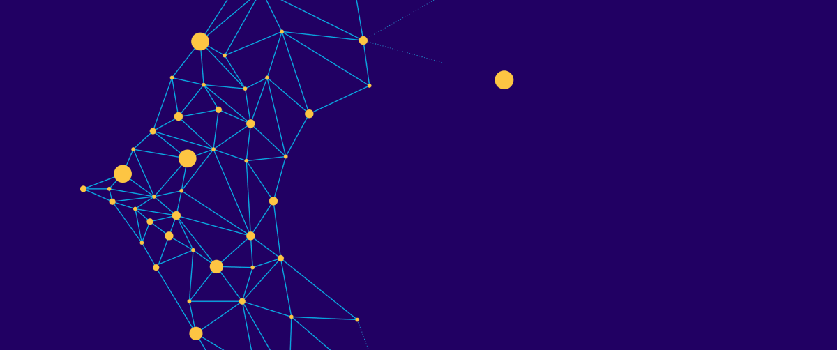 A graphic element with a purple background and blues lines with yellow dots representing a network.