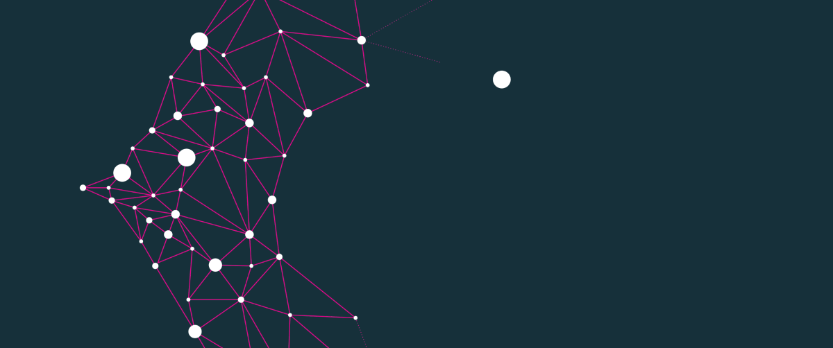 A graphic element with a grey background and purple lines with white dots indicating a network.